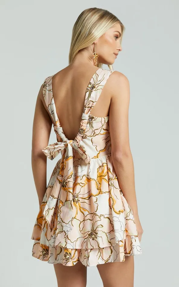 Showpo Amalie The Label 8211 Alsace Linen Blend Sweetheart Tie Back Fit And Flare Mini Dress In Maison Fleur Women Dresses
