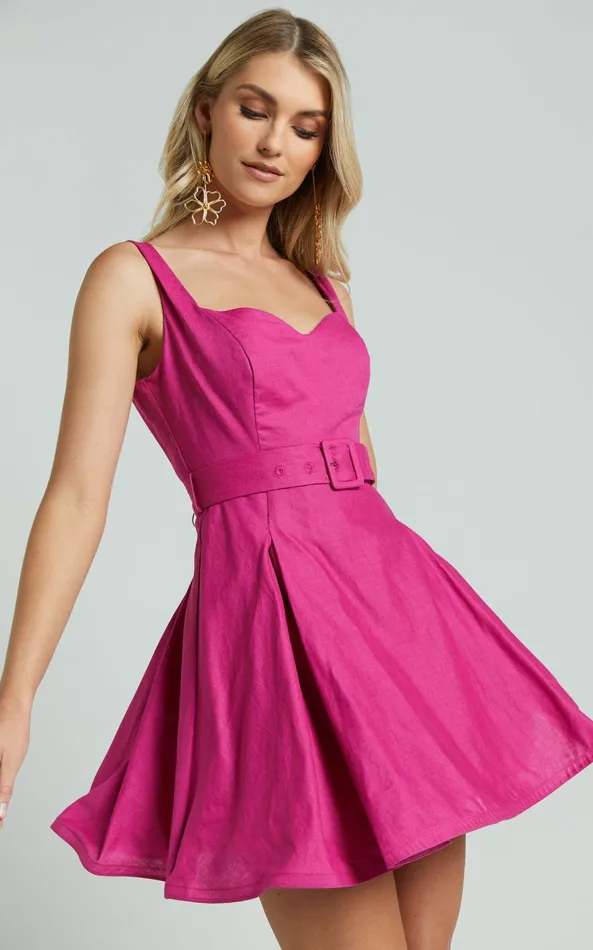 Showpo Amalie The Label 8211 Aureiette Linen Blend Sweetheart Fit And Flare Mini Dress In Magenta Women Dresses