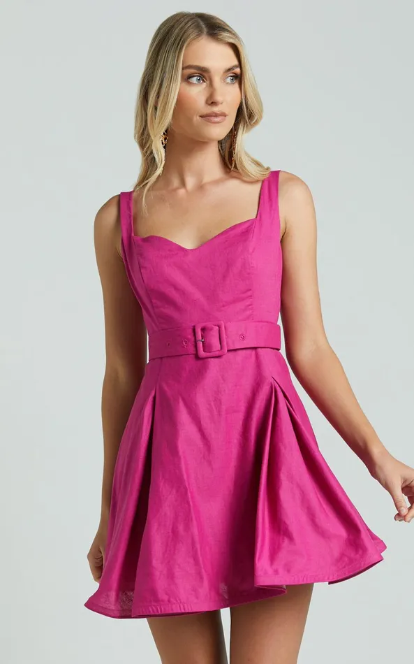 Showpo Amalie The Label 8211 Aureiette Linen Blend Sweetheart Fit And Flare Mini Dress In Magenta Women Dresses