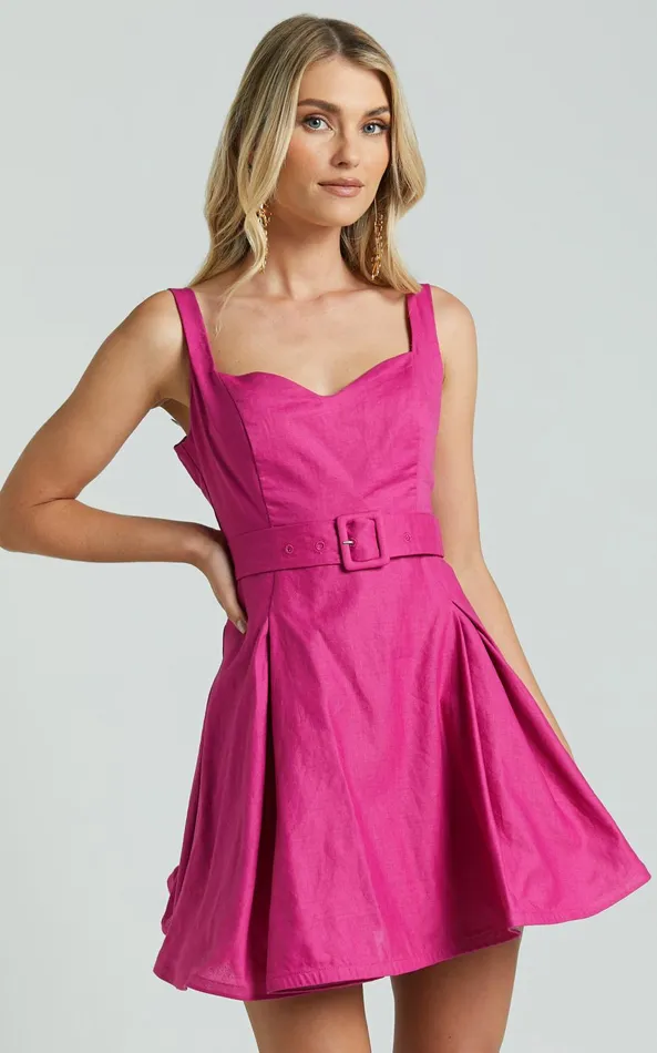 Showpo Amalie The Label 8211 Aureiette Linen Blend Sweetheart Fit And Flare Mini Dress In Magenta Women Dresses