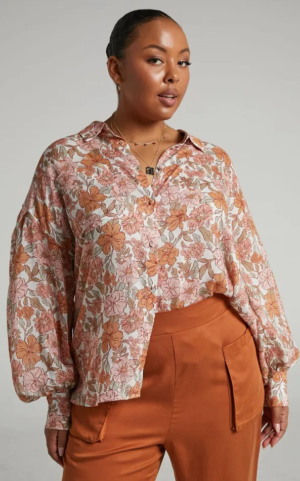 Showpo Amalie The Label 8211 Azariah Balloon Sleeve Button Up Shirt In Wildflower Floral Women Curve Clothes