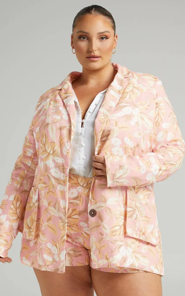 Showpo Amalie The Label 8211 Bay Linen Look Relaxed Button Front Blazer In Pink Floral Women Jackets and Coats