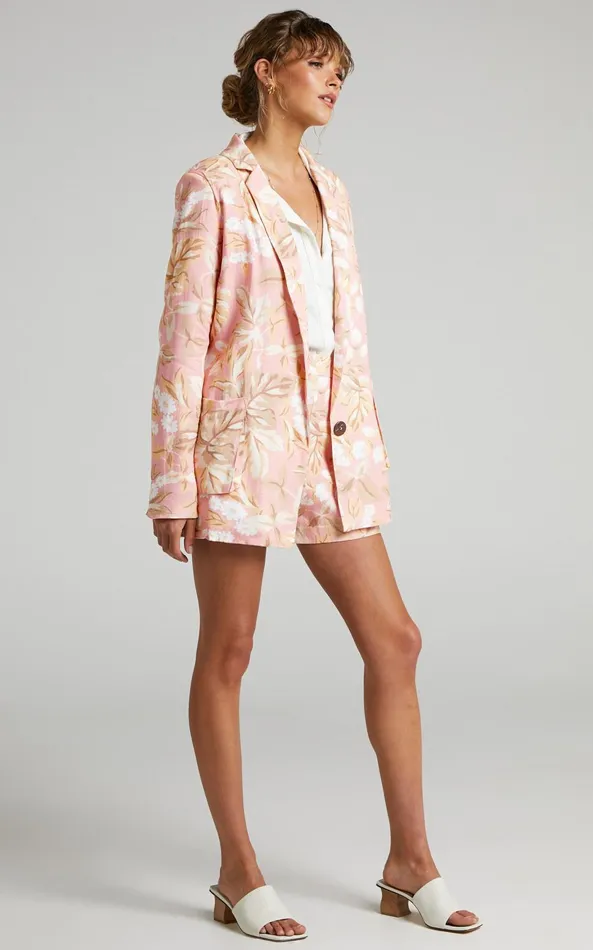 Showpo Amalie The Label 8211 Bay Linen Look Relaxed Button Front Blazer In Pink Floral Women Jackets and Coats