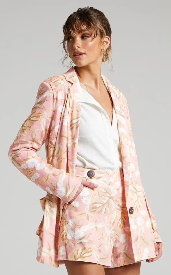 Showpo Amalie The Label 8211 Bay Linen Look Relaxed Button Front Blazer In Pink Floral Women Jackets and Coats