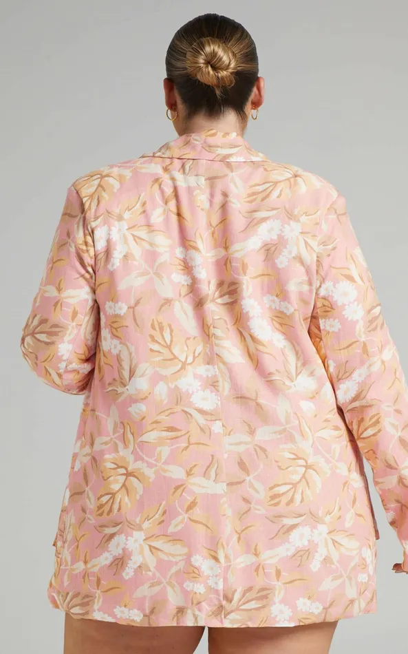 Showpo Amalie The Label 8211 Bay Linen Look Relaxed Button Front Blazer In Pink Floral Women Jackets and Coats