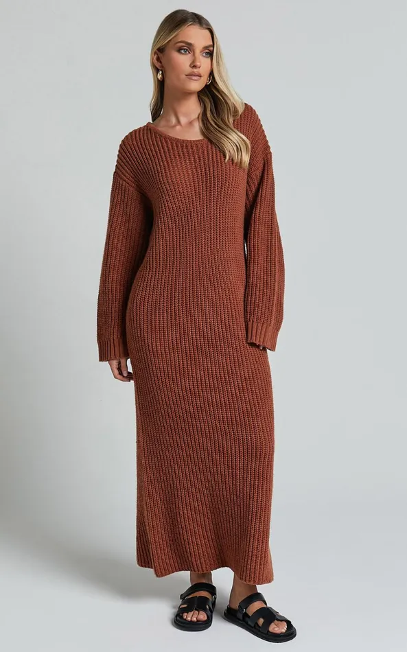 Showpo Amalie The Label 8211 Beata Knitted Long Sleeve Midi Dress In Rust Women Dresses Showpo Amalie The Label 8211 Beata Knitted Long Sleeve Midi Dress In Rust Women Dresses