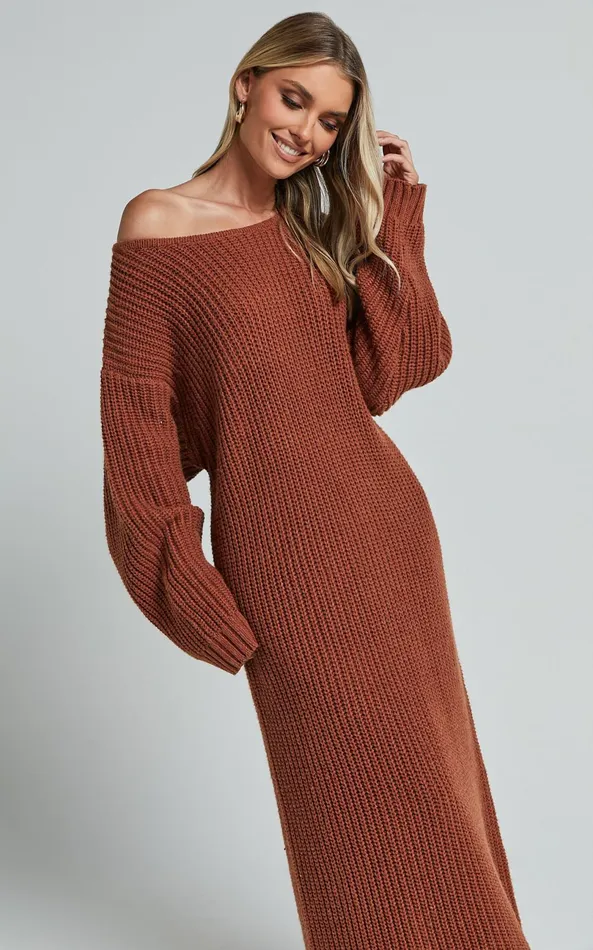 Showpo Amalie The Label 8211 Beata Knitted Long Sleeve Midi Dress In Rust Women Dresses