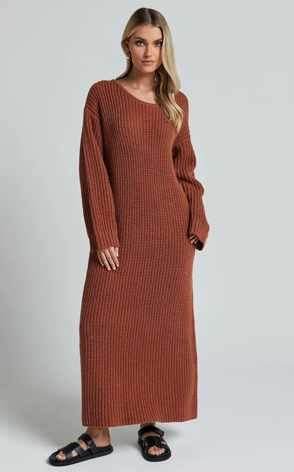Showpo Amalie The Label 8211 Beata Knitted Long Sleeve Midi Dress In Rust Women Dresses