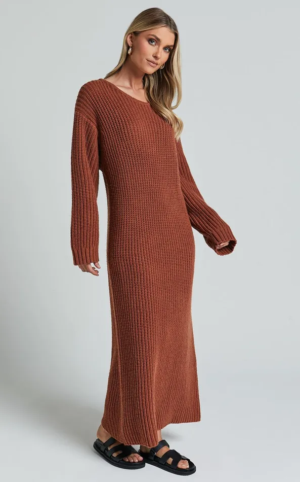 Showpo Amalie The Label 8211 Beata Knitted Long Sleeve Midi Dress In Rust Women Dresses