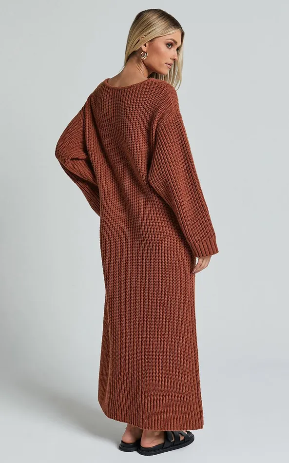 Showpo Amalie The Label 8211 Beata Knitted Long Sleeve Midi Dress In Rust Women Dresses