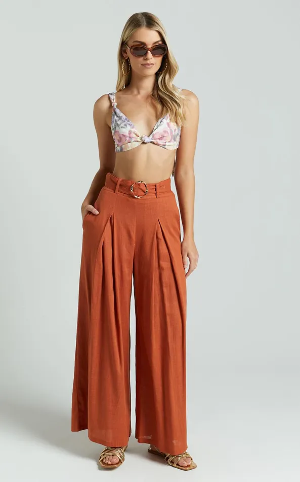 Showpo Amalie The Label 8211 Benita Linen Blend Knot Detail Tie Back Micro Crop Top In Aurora Print Women Tops