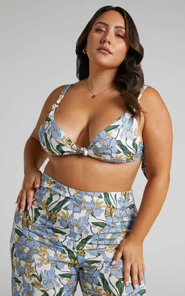 Showpo Amalie The Label 8211 Benita Linen Blend Knot Detail Tie Back Micro Crop Top In Iris Floral Women Curve Clothes