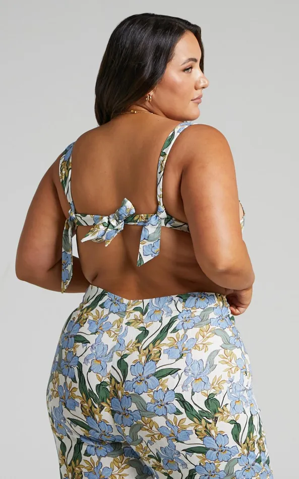 Showpo Amalie The Label 8211 Benita Linen Blend Knot Detail Tie Back Micro Crop Top In Iris Floral Women Curve Clothes