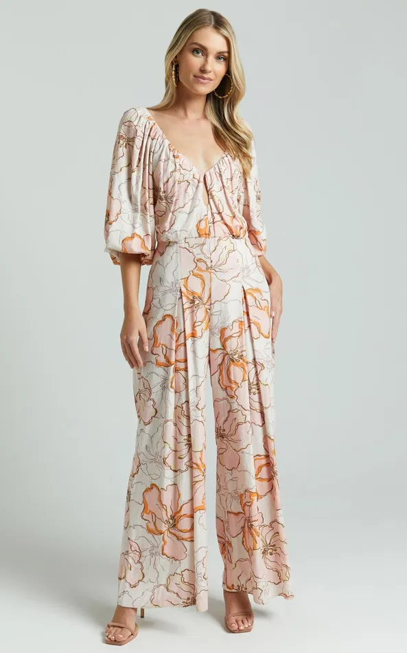 Showpo Amalie The Label 8211 Berenice Linen Blend Puff Sleeve Wide Leg Jumpsuit In Maison Fleur Women Jumpsuits