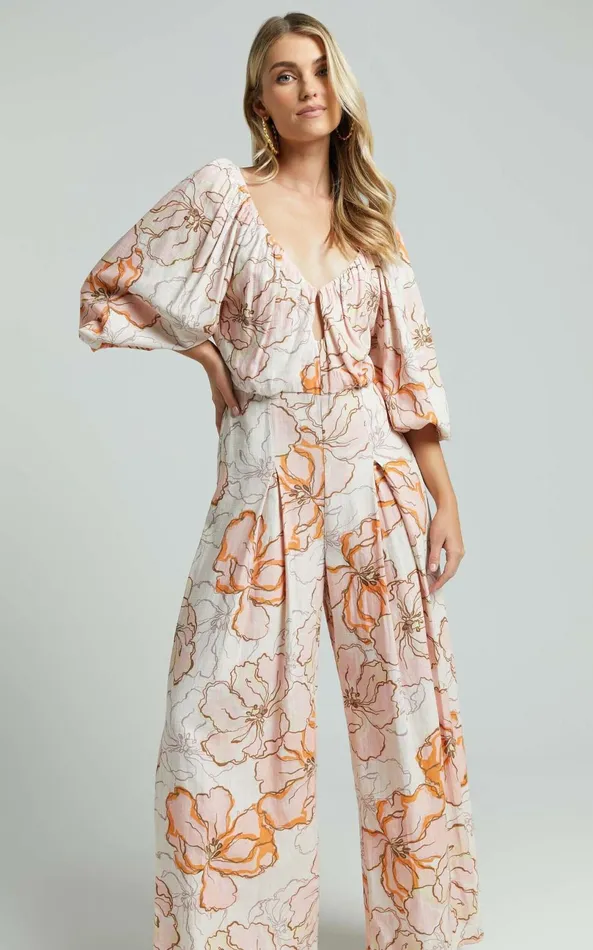 Showpo Amalie The Label 8211 Berenice Linen Blend Puff Sleeve Wide Leg Jumpsuit In Maison Fleur Women Jumpsuits