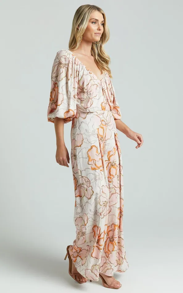 Showpo Amalie The Label 8211 Berenice Linen Blend Puff Sleeve Wide Leg Jumpsuit In Maison Fleur Women Jumpsuits