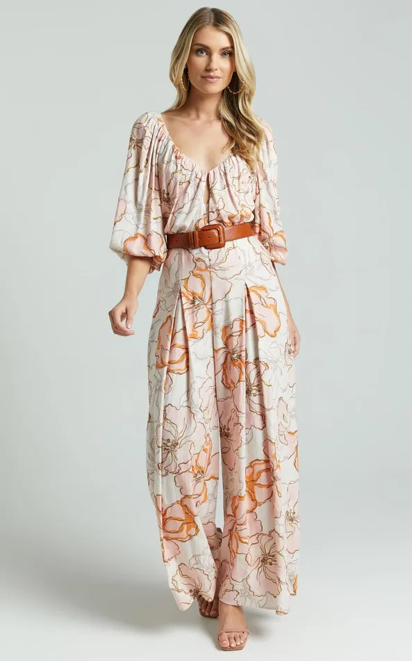 Showpo Amalie The Label 8211 Berenice Linen Blend Puff Sleeve Wide Leg Jumpsuit In Maison Fleur Women Jumpsuits