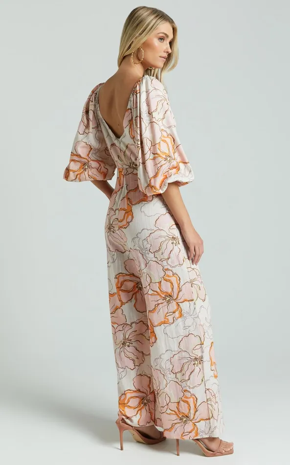 Showpo Amalie The Label 8211 Berenice Linen Blend Puff Sleeve Wide Leg Jumpsuit In Maison Fleur Women Jumpsuits