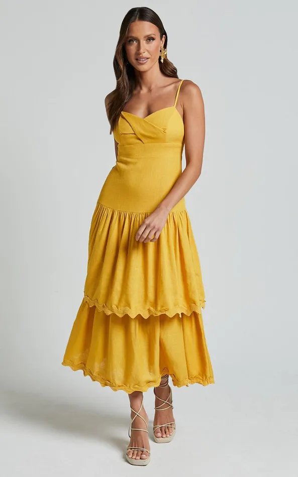 Showpo Amalie The Label 8211 Cameo Linen Blend Low Back Tiered Midi Dress In Warm Yellow Gold Women Dresses Showpo Amalie The Label 8211 Cameo Linen Blend Low Back Tiered Midi Dress In Warm Yellow Gold Women Dresses