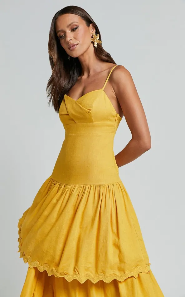Showpo Amalie The Label 8211 Cameo Linen Blend Low Back Tiered Midi Dress In Warm Yellow Gold Women Dresses