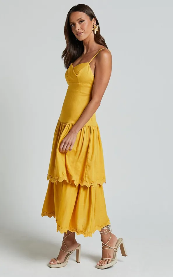 Showpo Amalie The Label 8211 Cameo Linen Blend Low Back Tiered Midi Dress In Warm Yellow Gold Women Dresses