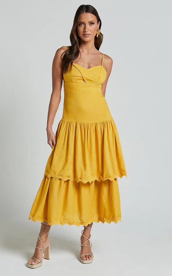 Showpo Amalie The Label 8211 Cameo Linen Blend Low Back Tiered Midi Dress In Warm Yellow Gold Women Dresses