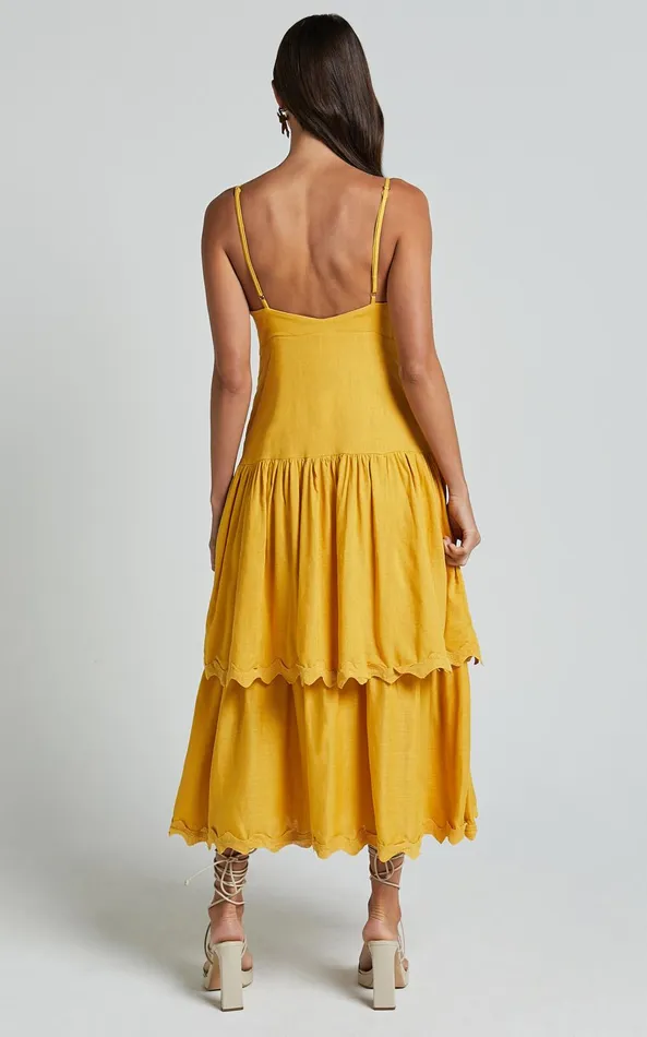 Showpo Amalie The Label 8211 Cameo Linen Blend Low Back Tiered Midi Dress In Warm Yellow Gold Women Dresses
