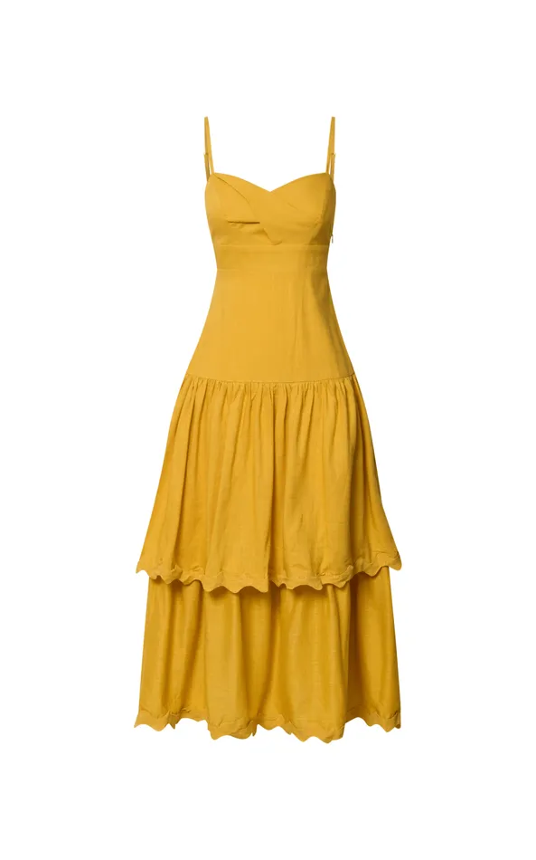 Showpo Amalie The Label 8211 Cameo Linen Blend Low Back Tiered Midi Dress In Warm Yellow Gold Women Dresses