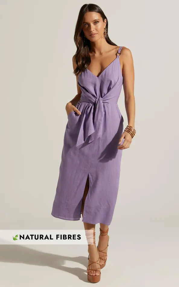 Showpo Amalie The Label 8211 Camille Linen Blend V Neck Tie Waist Midi Dress In Mauve Women Dresses Showpo Amalie The Label 8211 Camille Linen Blend V Neck Tie Waist Midi Dress In Mauve Women Dresses