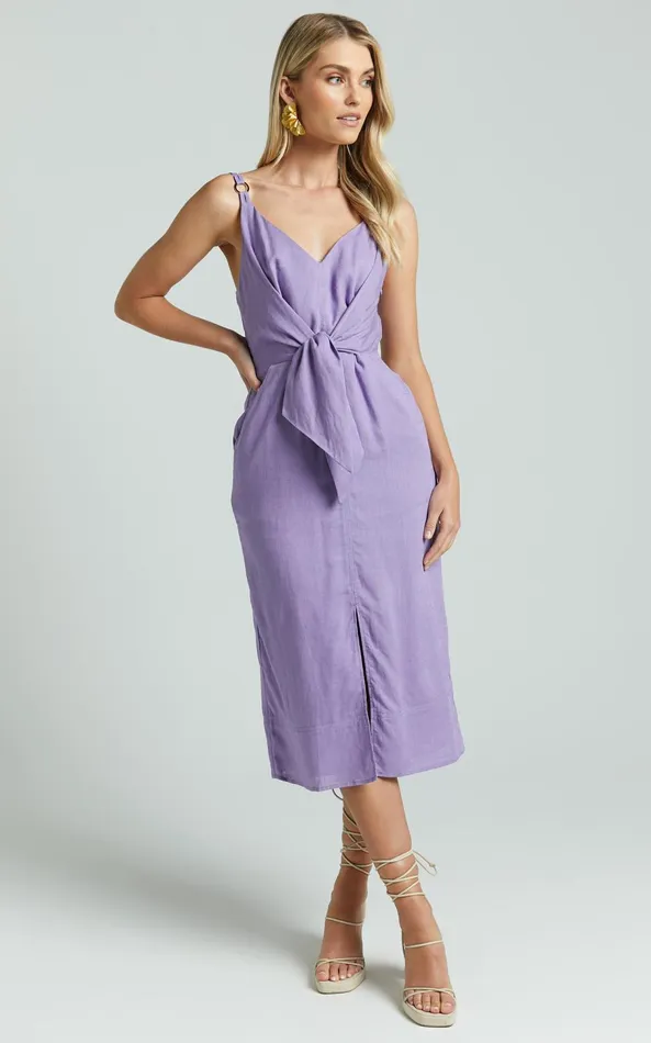 Showpo Amalie The Label 8211 Camille Linen Blend V Neck Tie Waist Midi Dress In Mauve Women Dresses