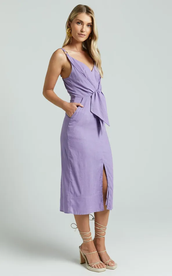 Showpo Amalie The Label 8211 Camille Linen Blend V Neck Tie Waist Midi Dress In Mauve Women Dresses