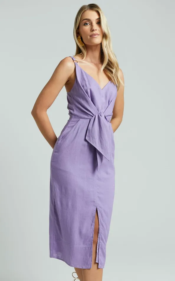 Showpo Amalie The Label 8211 Camille Linen Blend V Neck Tie Waist Midi Dress In Mauve Women Dresses