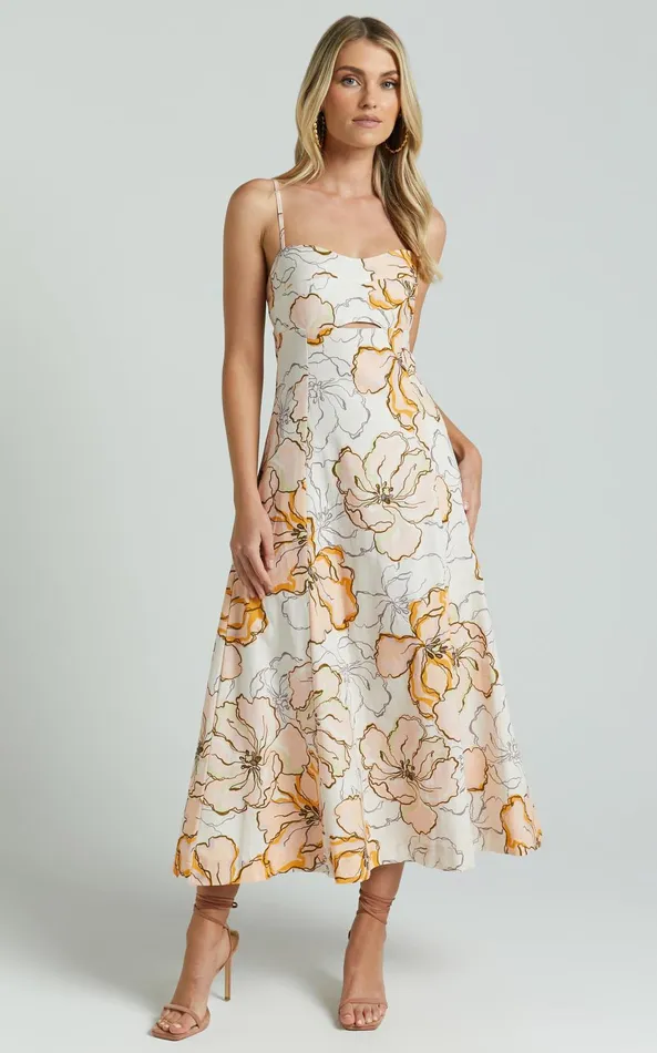 Showpo Amalie The Label 8211 Carietta Linen Blend Strappy Sweetheart Cut Out A Line Midi Dress In Maison Fleur Women Curve Clothes