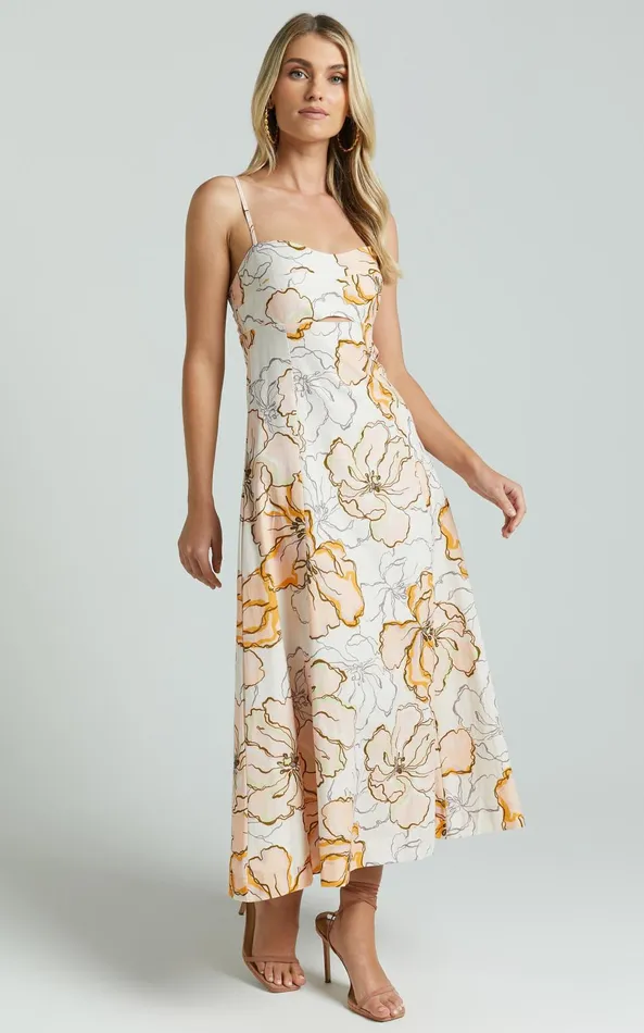 Showpo Amalie The Label 8211 Carietta Linen Blend Strappy Sweetheart Cut Out A Line Midi Dress In Maison Fleur Women Curve Clothes