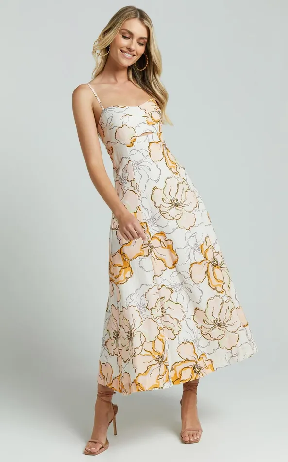 Showpo Amalie The Label 8211 Carietta Linen Blend Strappy Sweetheart Cut Out A Line Midi Dress In Maison Fleur Women Curve Clothes