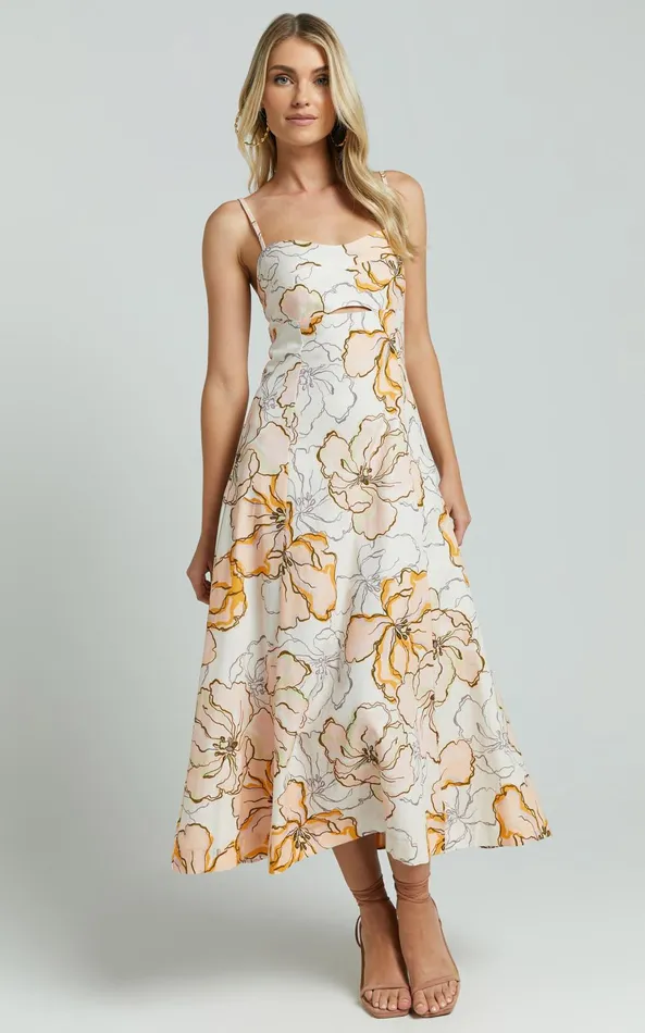 Showpo Amalie The Label 8211 Carietta Linen Blend Strappy Sweetheart Cut Out A Line Midi Dress In Maison Fleur Women Curve Clothes