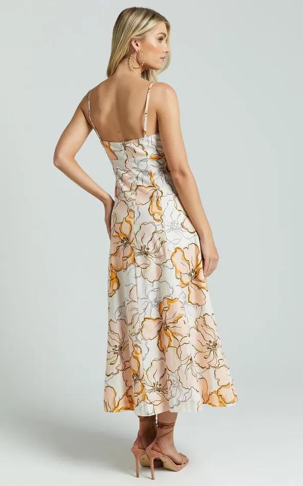 Showpo Amalie The Label 8211 Carietta Linen Blend Strappy Sweetheart Cut Out A Line Midi Dress In Maison Fleur Women Curve Clothes