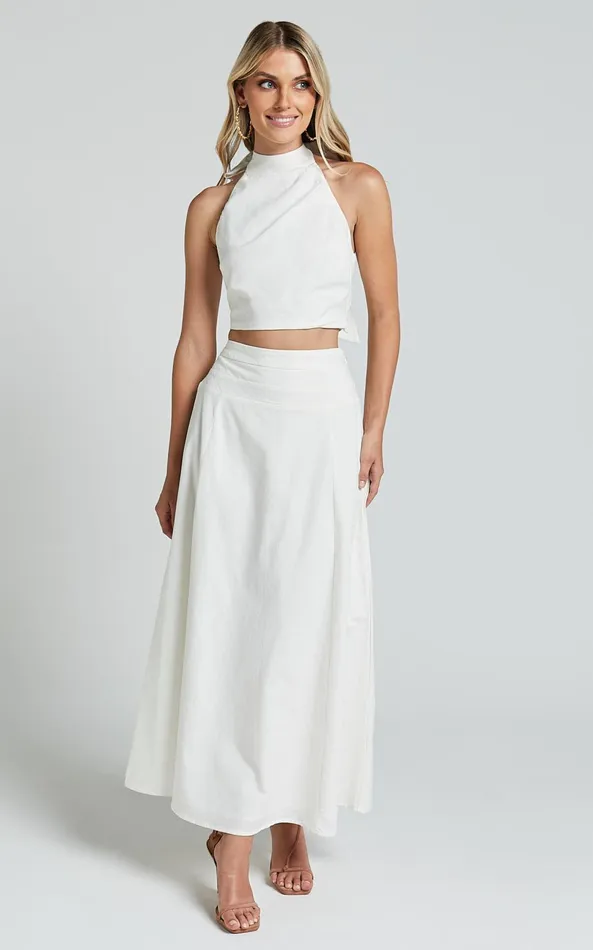 Showpo Amalie The Label 8211 Cartia Linen Blend High Waisted Maxi Skirt In White Women Skirts