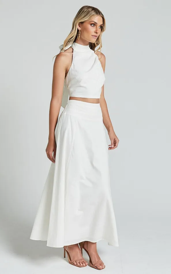 Showpo Amalie The Label 8211 Cartia Linen Blend High Waisted Maxi Skirt In White Women Skirts