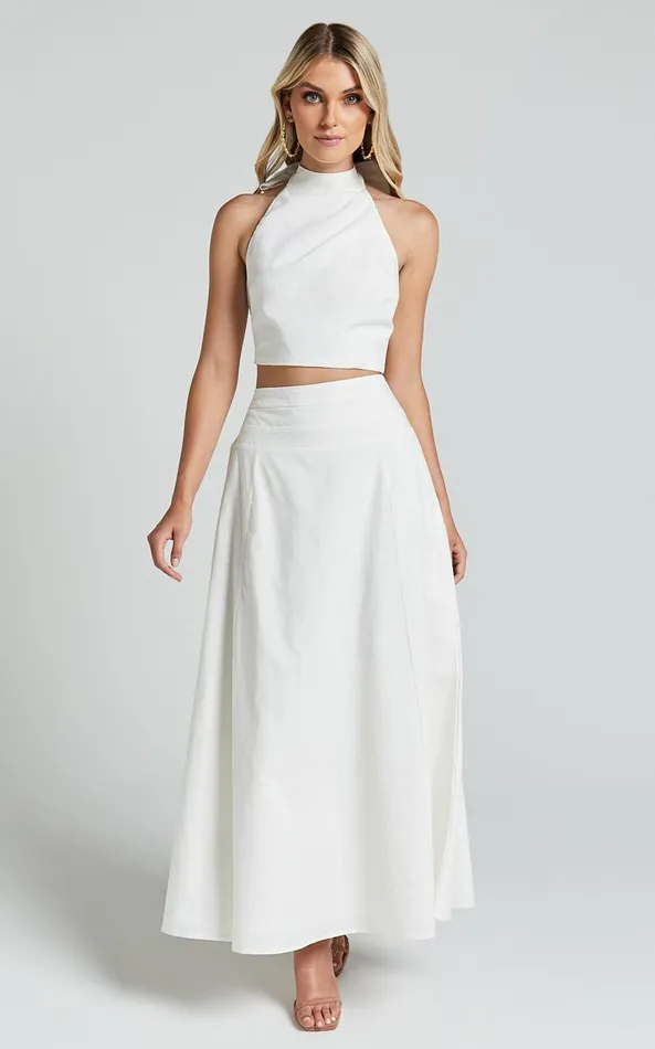 Showpo Amalie The Label 8211 Cartia Linen Blend High Waisted Maxi Skirt In White Women Skirts