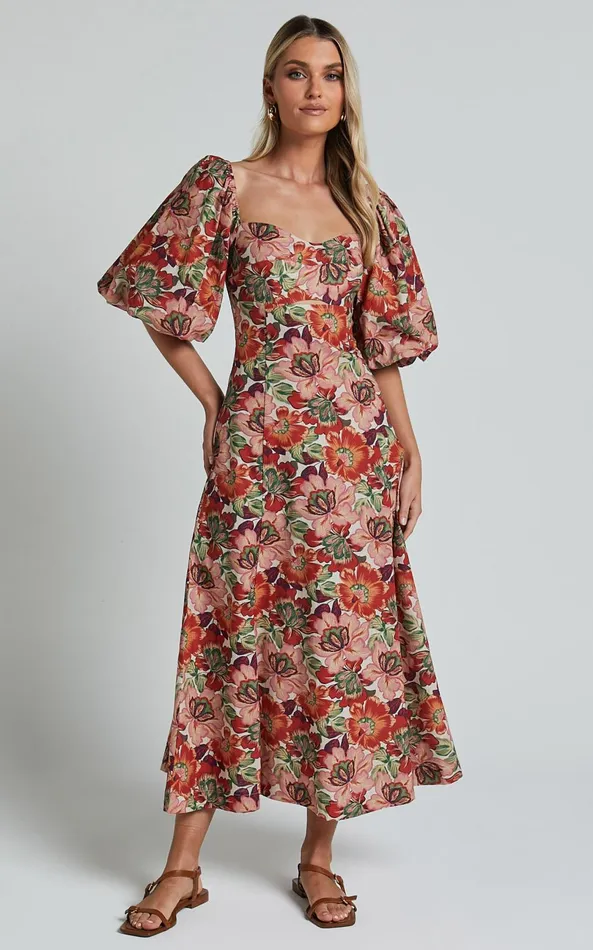 Showpo Amalie The Label 8211 Catalina Linen Blend Sweetheart Balloon Sleeve Midi Dress In Musee Print Women Dresses