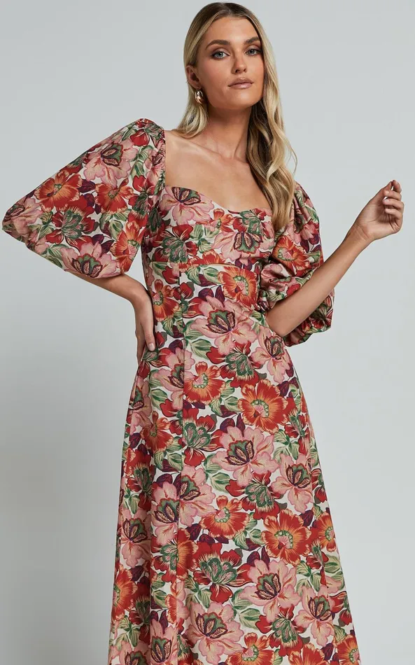 Showpo Amalie The Label 8211 Catalina Linen Blend Sweetheart Balloon Sleeve Midi Dress In Musee Print Women Dresses