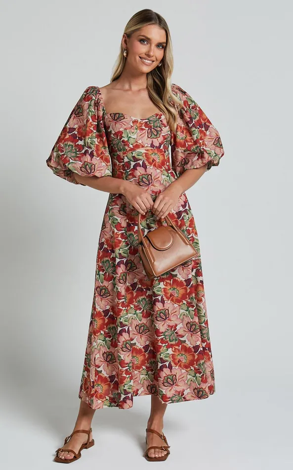 Showpo Amalie The Label 8211 Catalina Linen Blend Sweetheart Balloon Sleeve Midi Dress In Musee Print Women Dresses