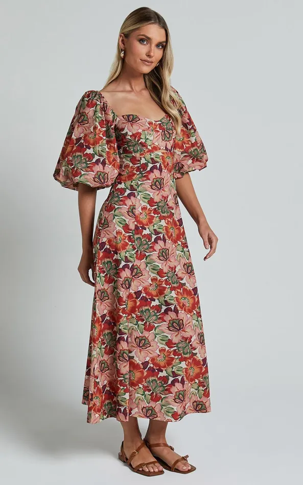 Showpo Amalie The Label 8211 Catalina Linen Blend Sweetheart Balloon Sleeve Midi Dress In Musee Print Women Dresses