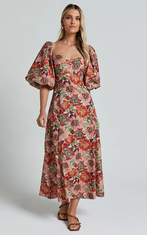 Showpo Amalie The Label 8211 Catalina Linen Blend Sweetheart Balloon Sleeve Midi Dress In Musee Print Women Dresses