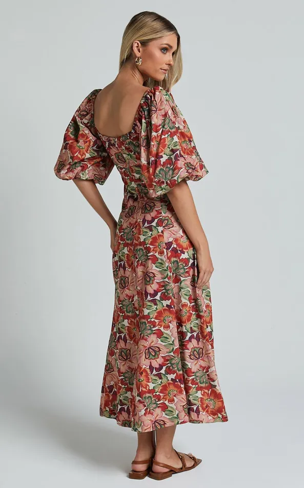 Showpo Amalie The Label 8211 Catalina Linen Blend Sweetheart Balloon Sleeve Midi Dress In Musee Print Women Dresses
