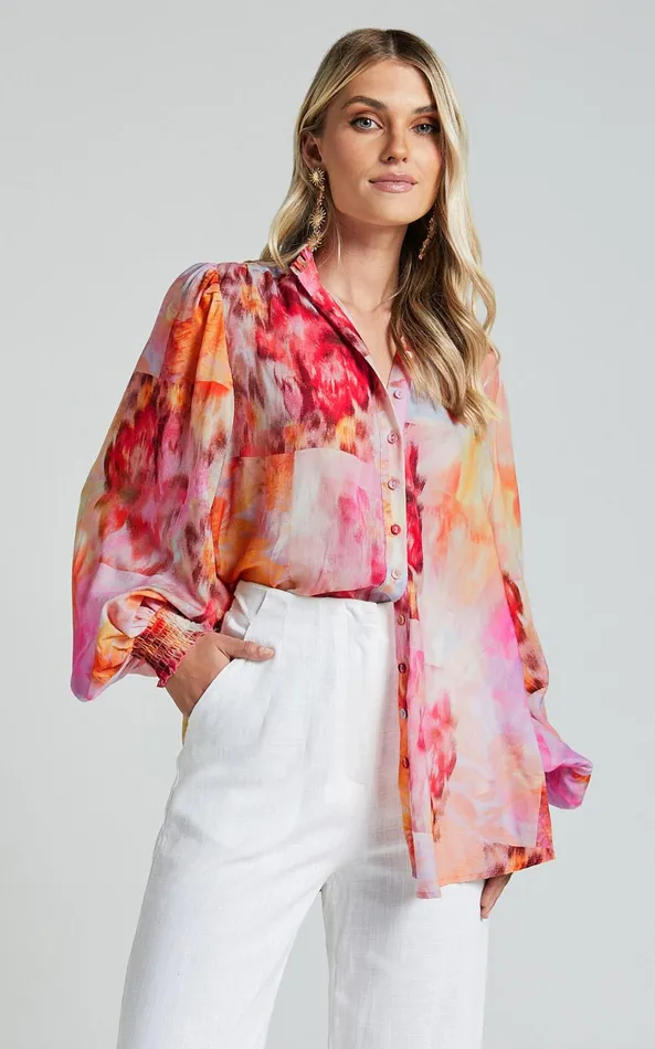 Showpo Amalie The Label 8211 Chamika High Neck Button Through Blouse In Marsielle Print Women Tops