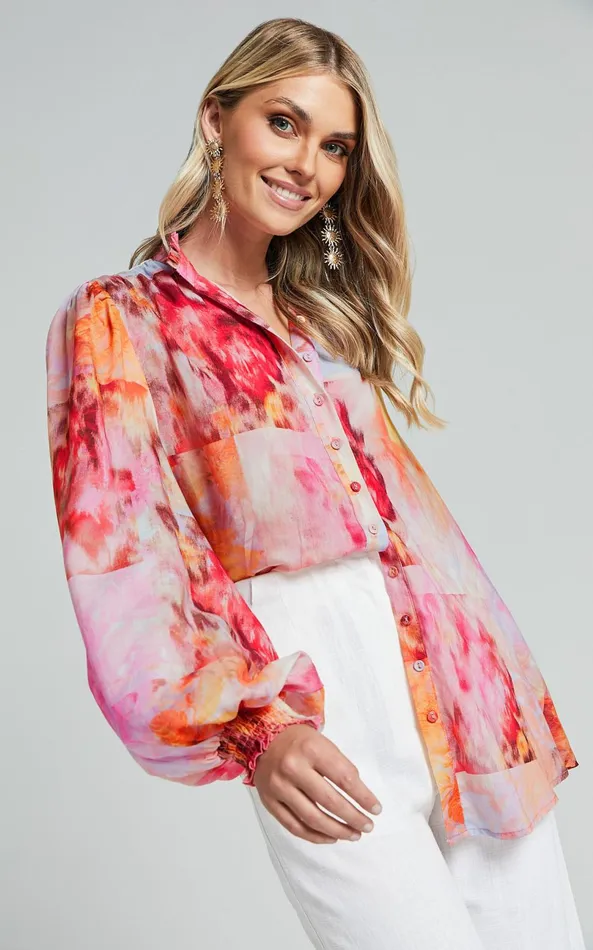 Showpo Amalie The Label 8211 Chamika High Neck Button Through Blouse In Marsielle Print Women Tops
