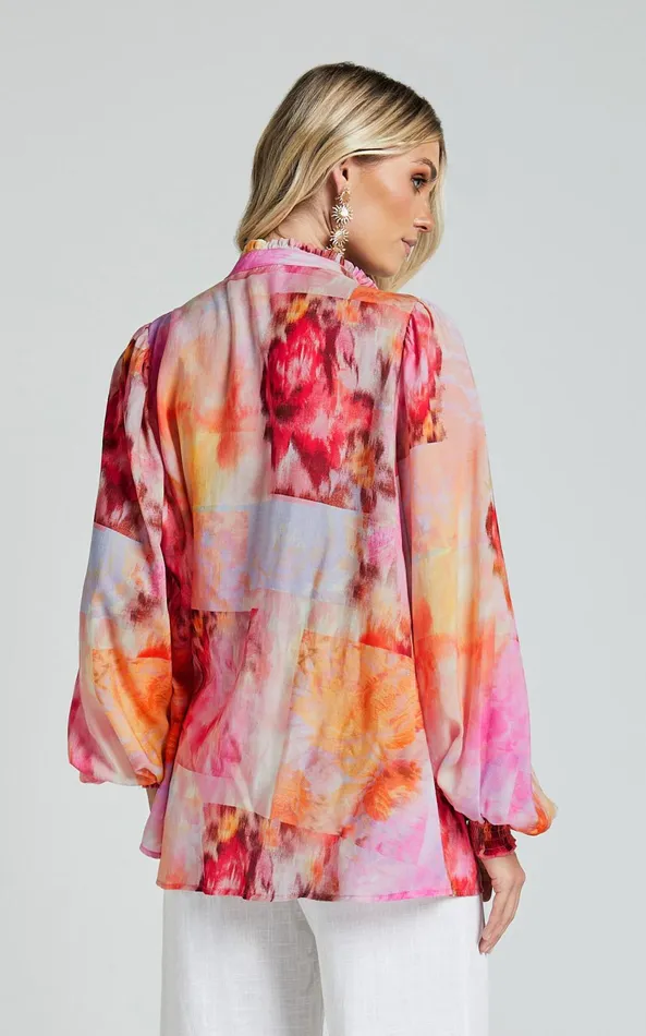Showpo Amalie The Label 8211 Chamika High Neck Button Through Blouse In Marsielle Print Women Tops