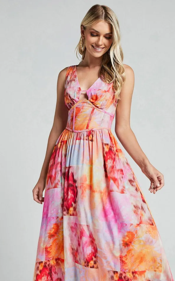 Showpo Amalie The Label 8211 Chamika Linen Blend Bustier Double Tie Back Midi Dress In Marsielle Print Women Curve Clothes